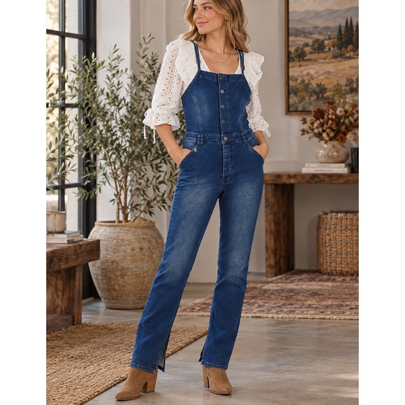 Pilcro Pants - Anthropologie x Pilcro Blue Denim Button Front Overalls Size 31 Stretch Cotton